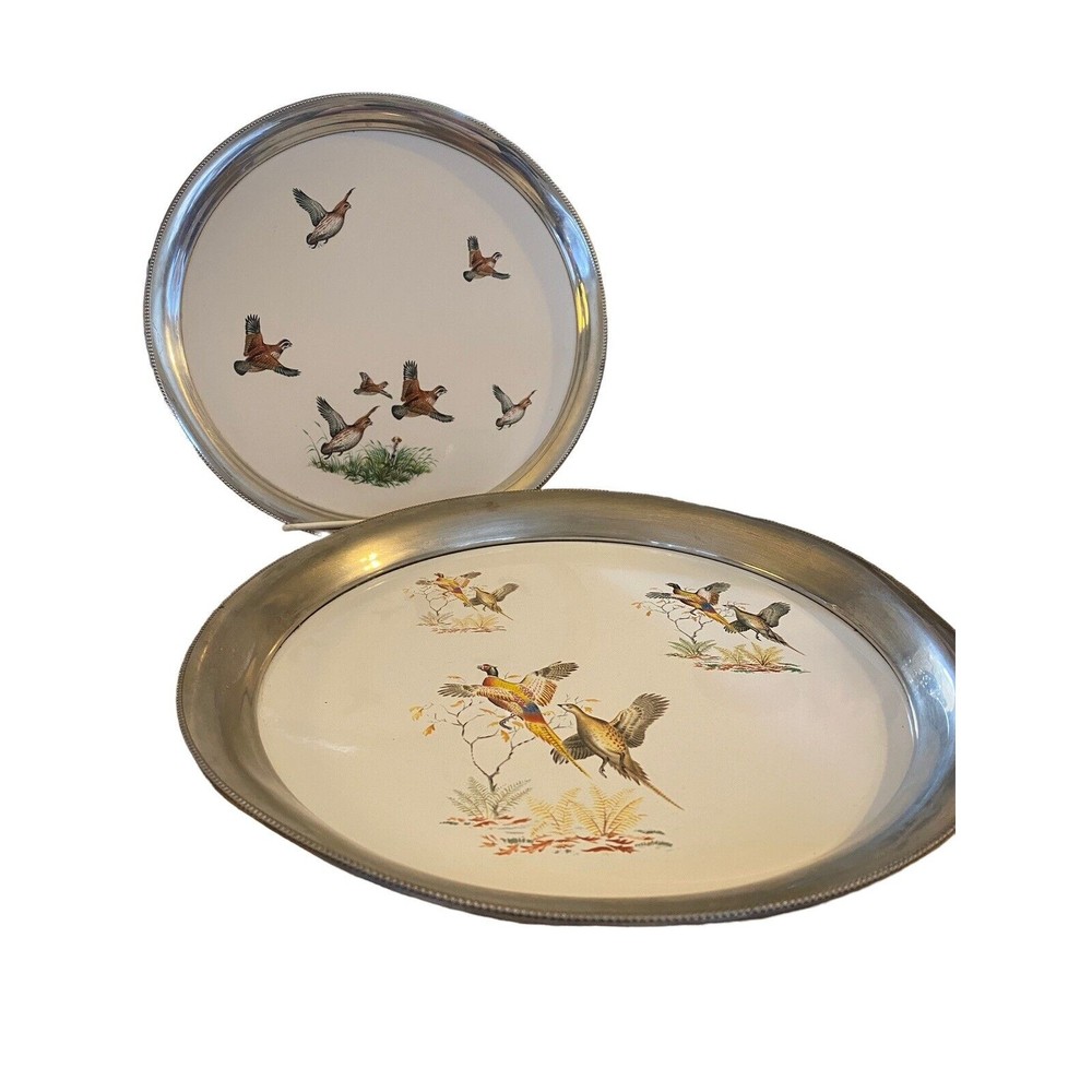 Pair of Revere Ware MCM Ceramic and Metal Serving Trays Pheasants and Quails